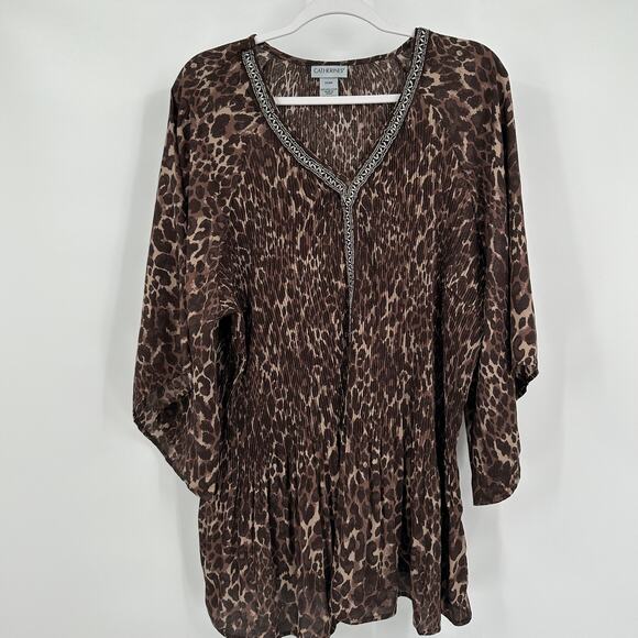 Catherines Womens Crinkle Tunic Top Size 3XWP Animal Print Beaded Bold Basics - Picture 1 of 7